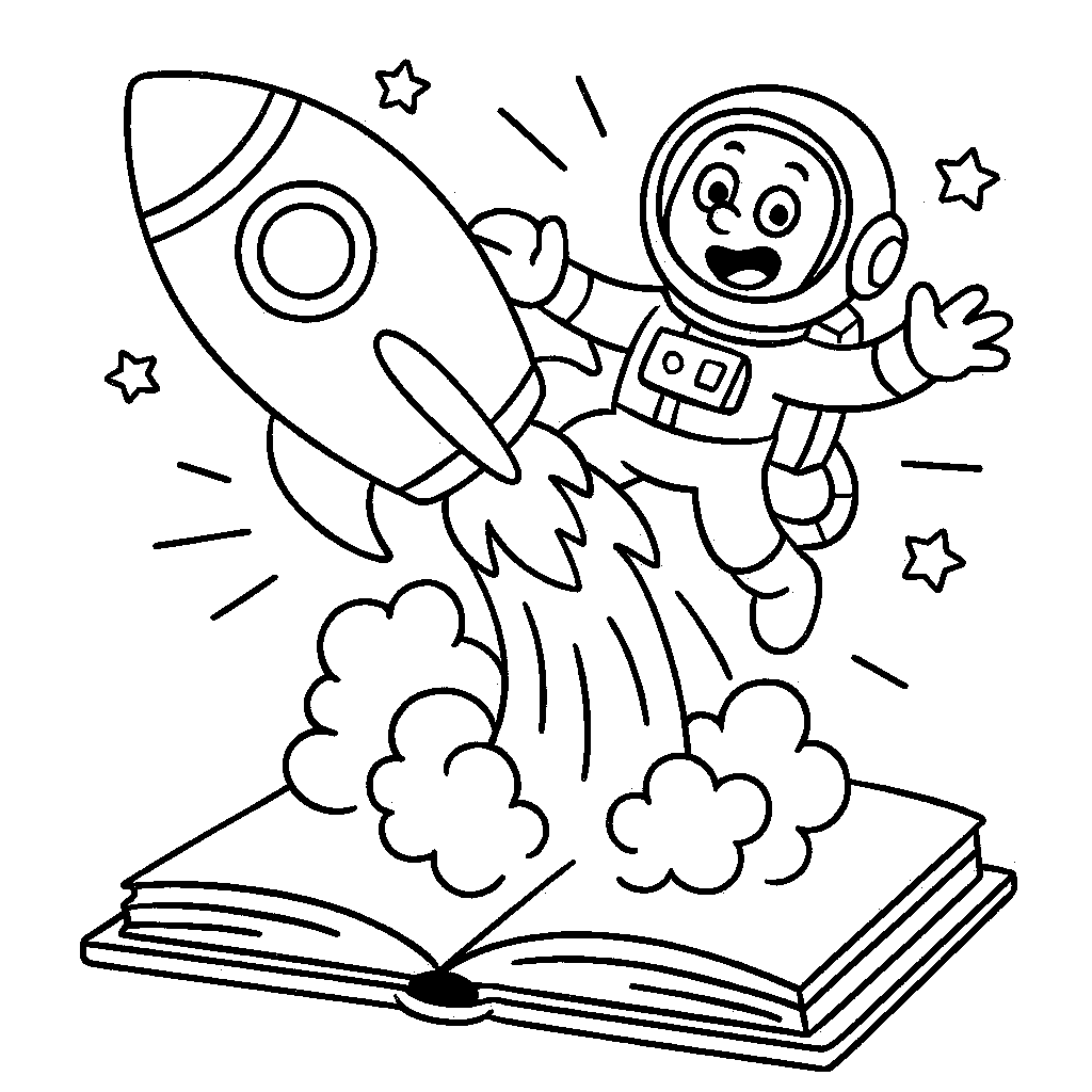 Coloring Sheet - Rocket Ship and Astronaut Blasting Off Out of a Book