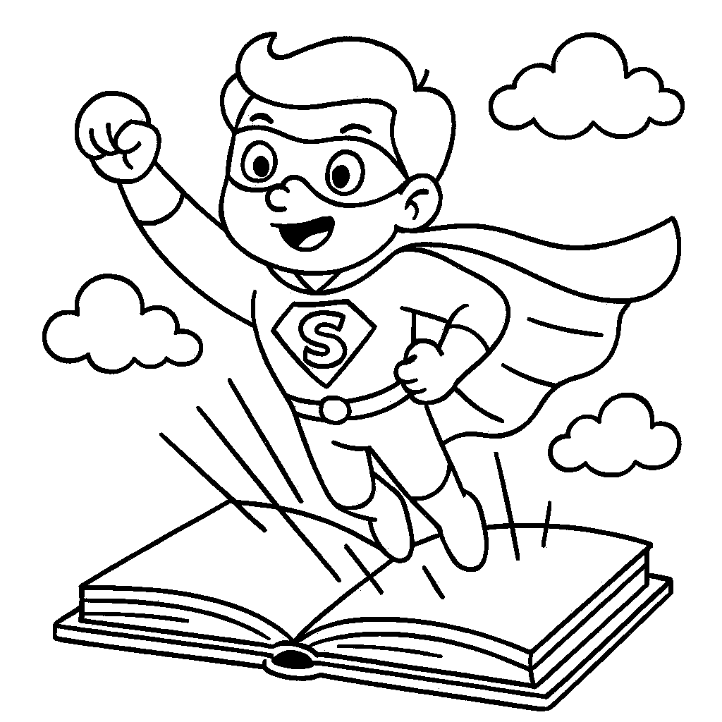 Coloring Sheet - Superhero Flying Out of a Book