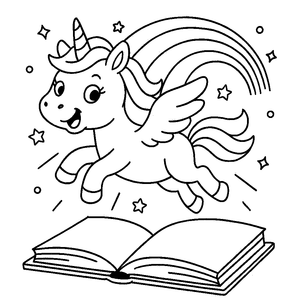 Coloring Sheet - Unicorn Flying Out of a Book