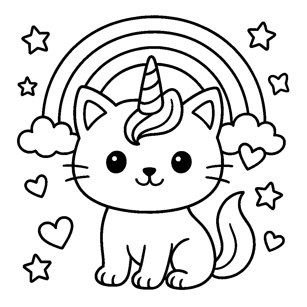 Coloring Sheet - Cute Kitty Unicorn with a Rainbow