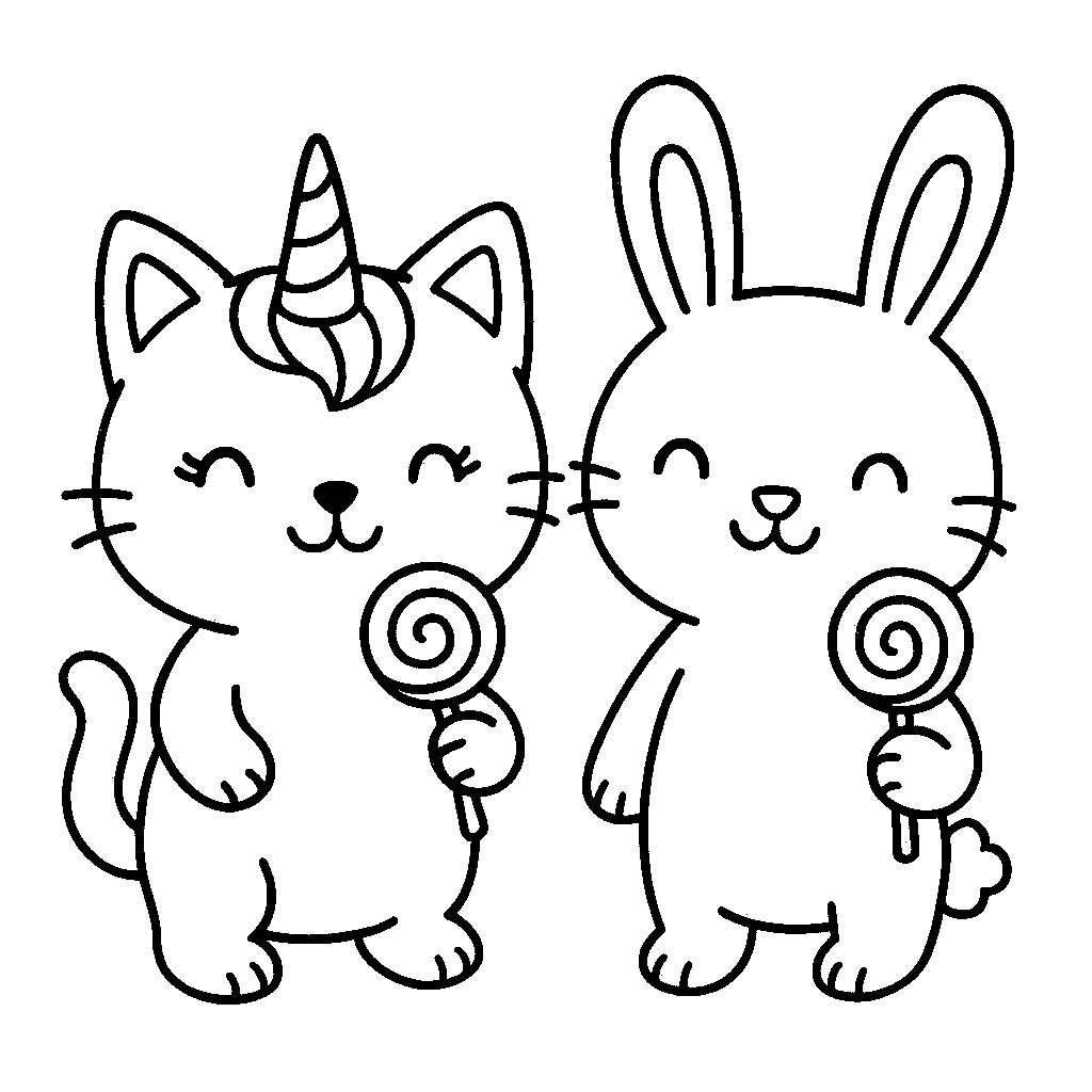 Coloring Sheet - Cute Kitty Unicorn with Rabbit Holding Lollipops