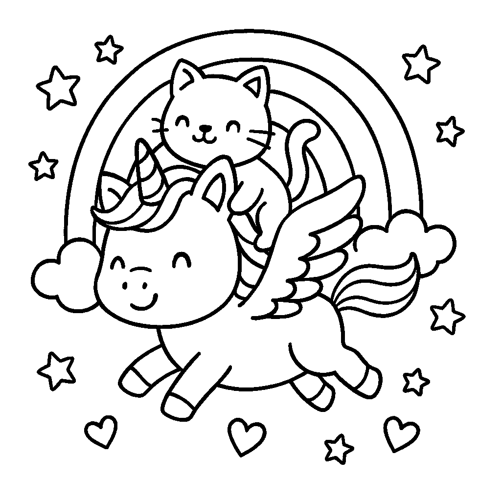 Coloring Sheet - Cute Unicorn Flying With Kitty
