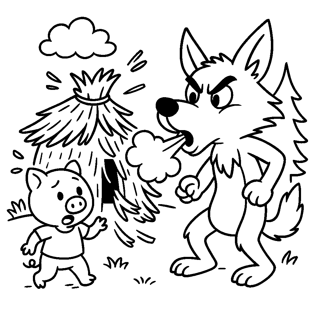 Coloring Sheet - Big Bad Wolf Blowing Down The Straw House
