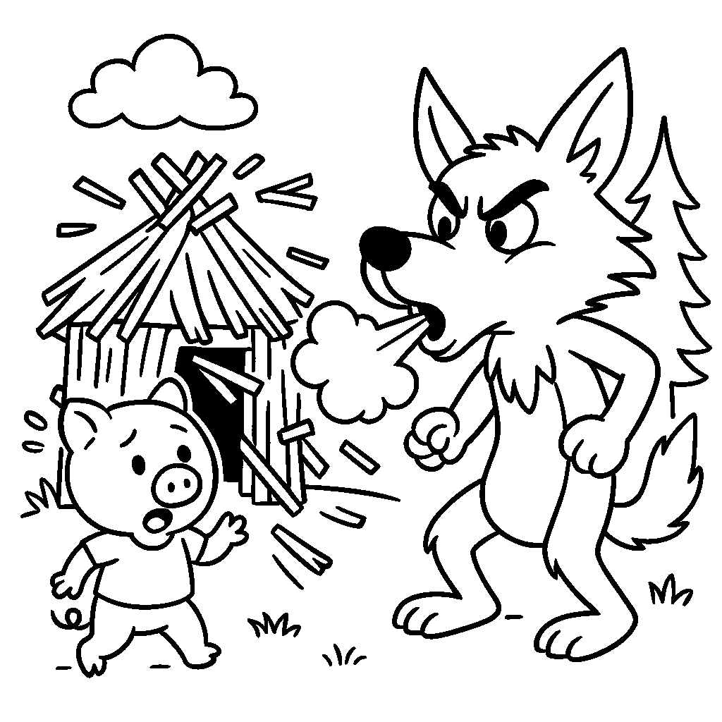 Coloring Sheet - Big Bad Wolf Blowing Down The Stick House