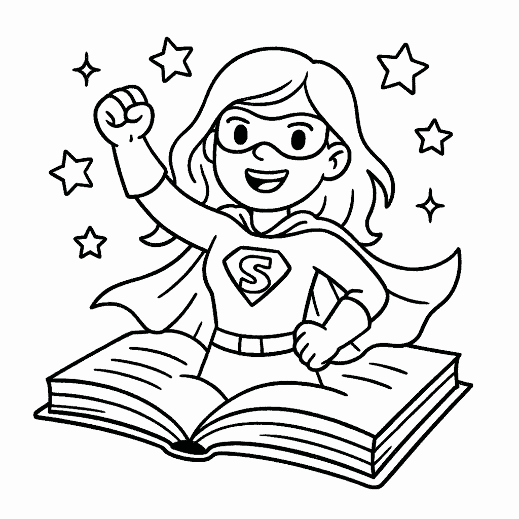 Coloring Sheet - Superheroine Flying Out of a Book