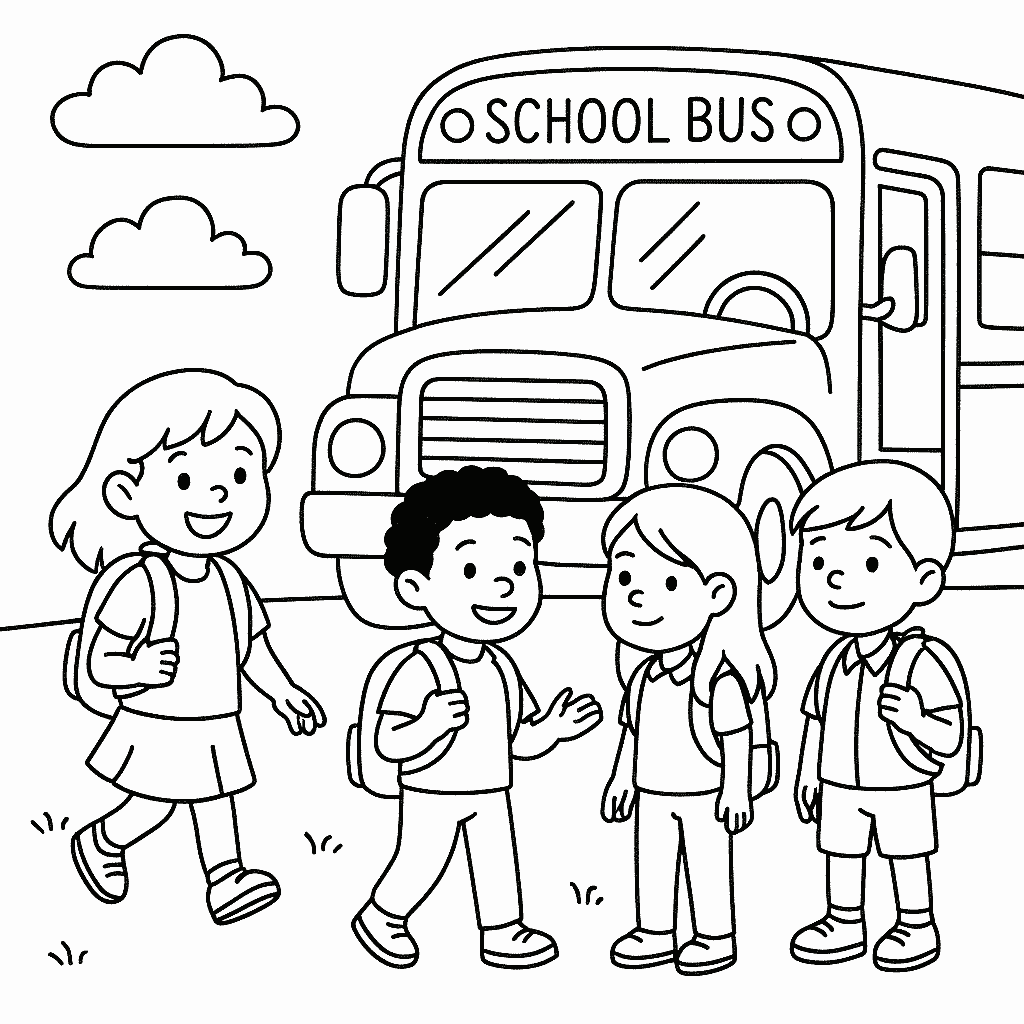 Coloring Sheet - School Outside School Bus