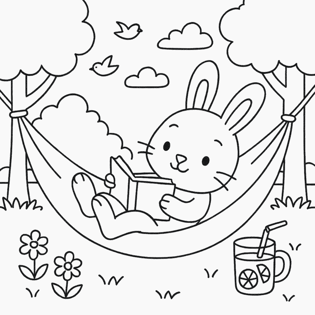Coloring Sheet - Bunny Reading in a Hammock