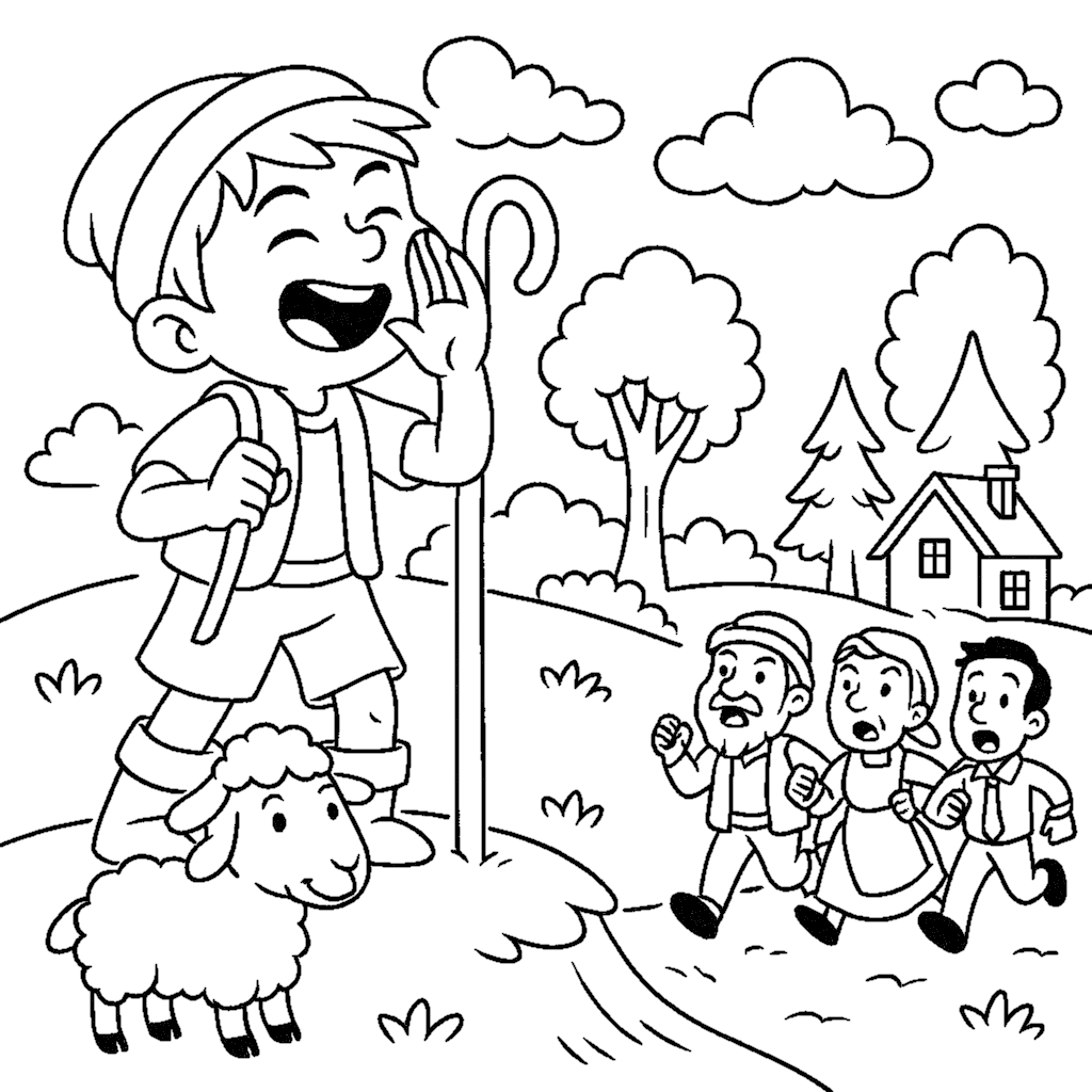 Coloring Sheet - The Boy Who Cried Wolf Lying