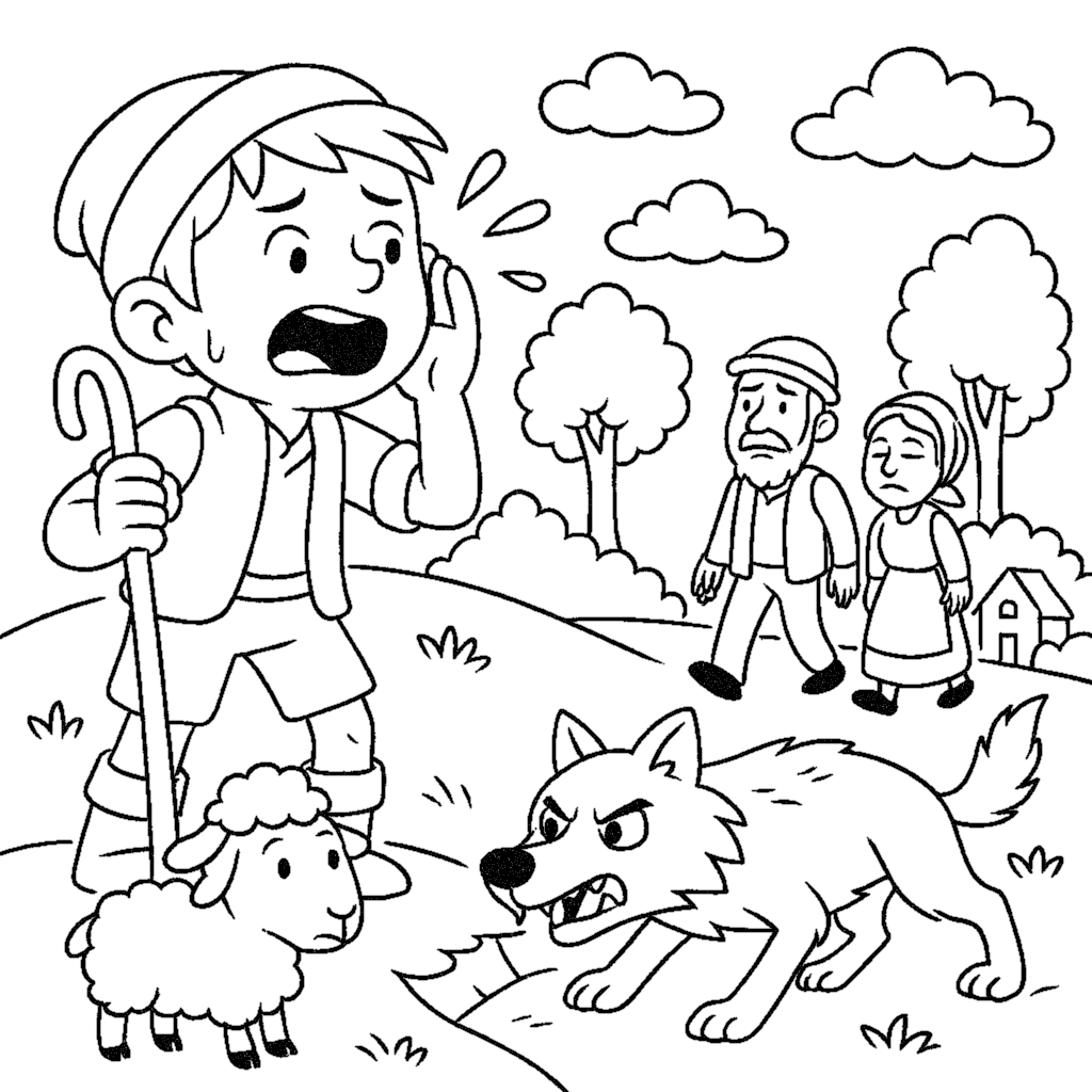 Coloring Sheet - The Boy Who Cried Wolf